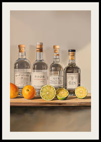 Póster con cuatro botellas de Ginebra y fruta.-2