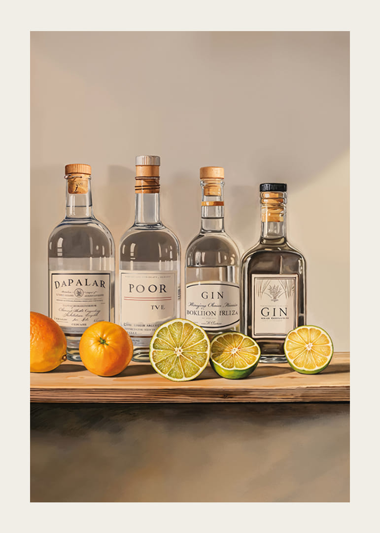 Póster con cuatro botellas de Ginebra y fruta.-12