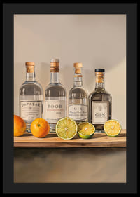 Póster con cuatro botellas de Ginebra y fruta.-4