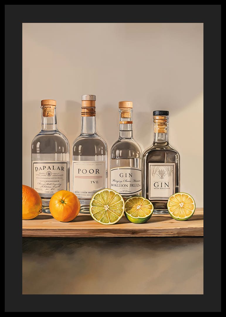 Póster con cuatro botellas de Ginebra y fruta.-12