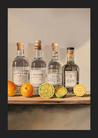 Póster con cuatro botellas de Ginebra y fruta.-5