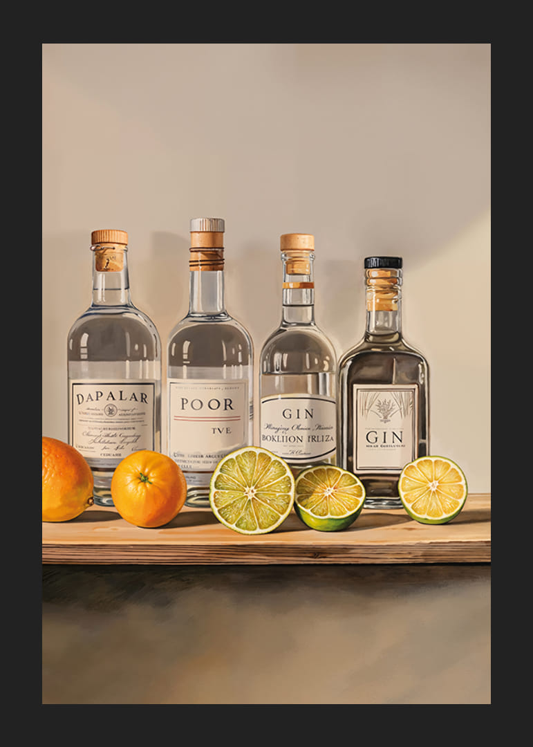 Póster con cuatro botellas de Ginebra y fruta.-12