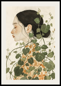 Poster met een aquarel van een vrouw gehuld in groene bladeren-2