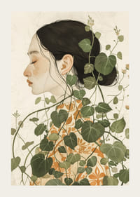 Poster met een aquarel van een vrouw gehuld in groene bladeren-3
