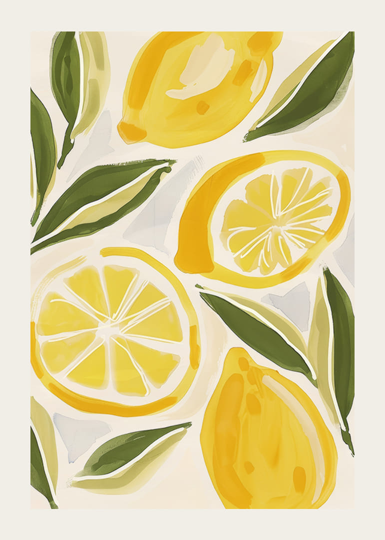 Poster cu o pictură în acuarelă de lămâi galbene cu frunze-12