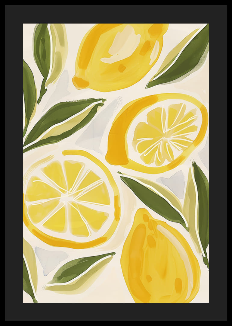 Poster cu o pictură în acuarelă de lămâi galbene cu frunze-12
