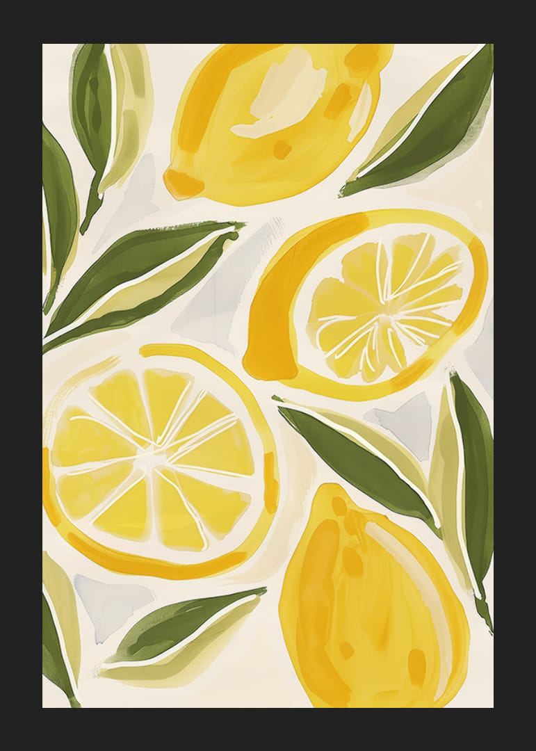 Poster cu o pictură în acuarelă de lămâi galbene cu frunze-12