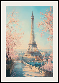 Ein Poster mit dem Eiffelturm und blühenden Kirschbäumen, das den Zauber des Frühlings in Paris einfängt-2