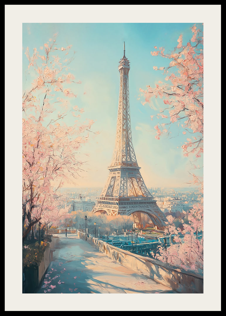 Ein Poster mit dem Eiffelturm und blühenden Kirschbäumen, das den Zauber des Frühlings in Paris einfängt-12