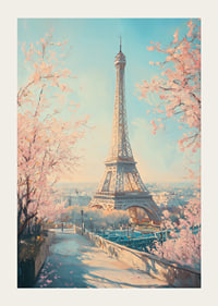 Ein Poster mit dem Eiffelturm und blühenden Kirschbäumen, das den Zauber des Frühlings in Paris einfängt-3