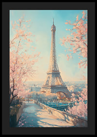Ein Poster mit dem Eiffelturm und blühenden Kirschbäumen, das den Zauber des Frühlings in Paris einfängt-4
