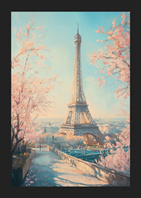 Ein Poster mit dem Eiffelturm und blühenden Kirschbäumen, das den Zauber des Frühlings in Paris einfängt-5