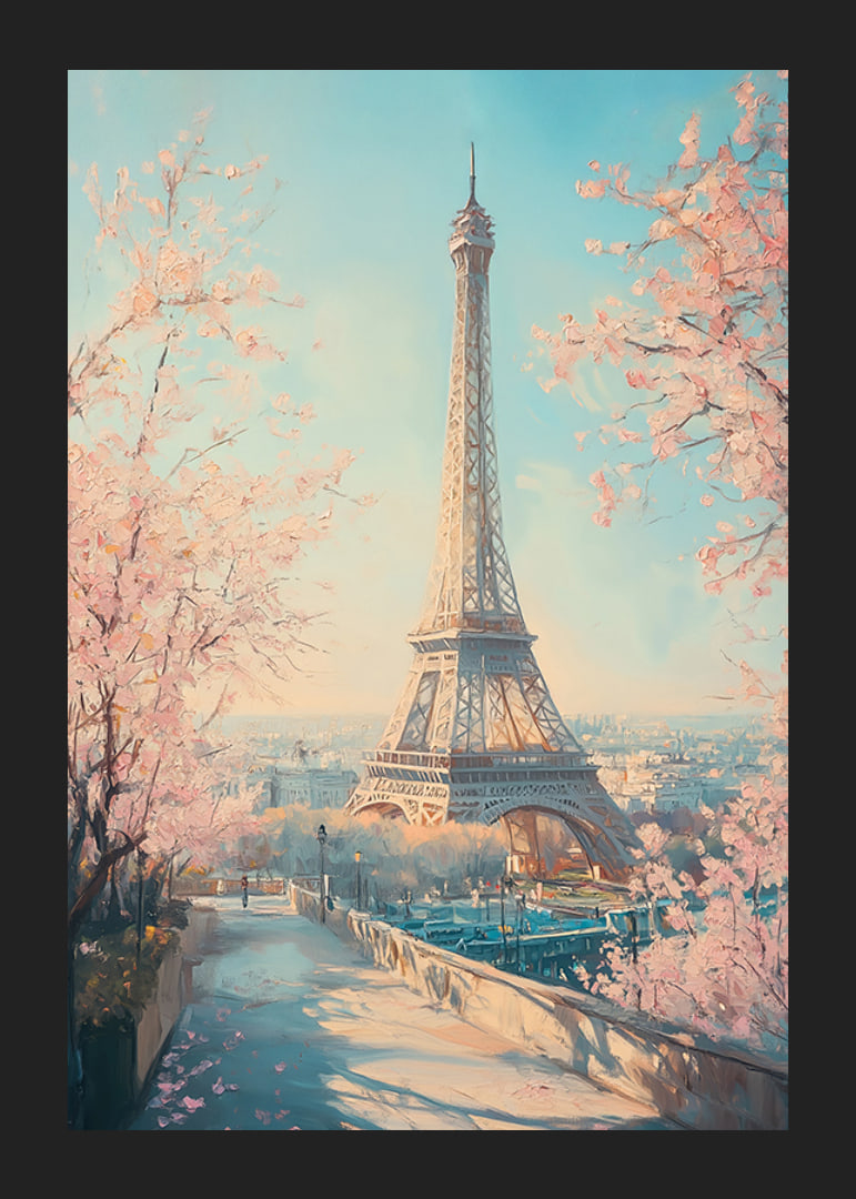 Ein Poster mit dem Eiffelturm und blühenden Kirschbäumen, das den Zauber des Frühlings in Paris einfängt-12