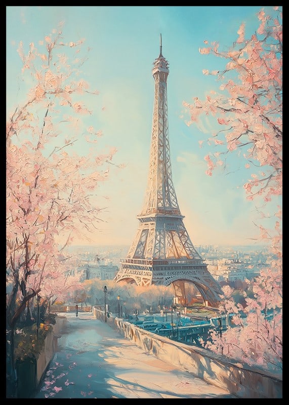 Ein Poster mit dem Eiffelturm und blühenden Kirschbäumen, das den Zauber des Frühlings in Paris einfängt-12