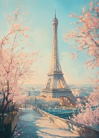 Ein Poster mit dem Eiffelturm und blühenden Kirschbäumen, das den Zauber des Frühlings in Paris einfängt-7
