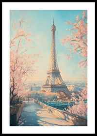 Ein Poster mit dem Eiffelturm und blühenden Kirschbäumen, das den Zauber des Frühlings in Paris einfängt-0