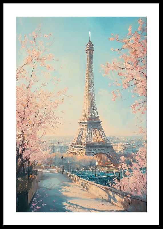 Un poster cu Turnul Eiffel și cireși înfloriți care surprinde magia primăverii la Paris-12