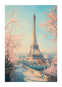 Ein Poster mit dem Eiffelturm und blühenden Kirschbäumen, das den Zauber des Frühlings in Paris einfängt-1
