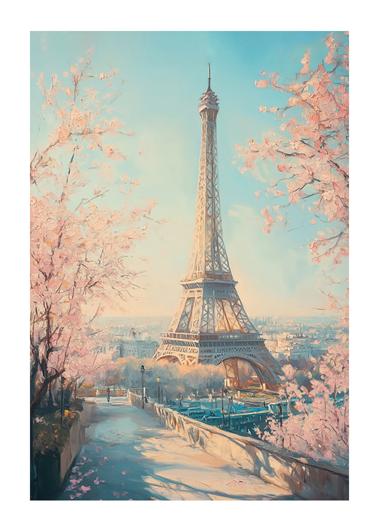 Ein Poster mit dem Eiffelturm und blühenden Kirschbäumen, das den Zauber des Frühlings in Paris einfängt-12