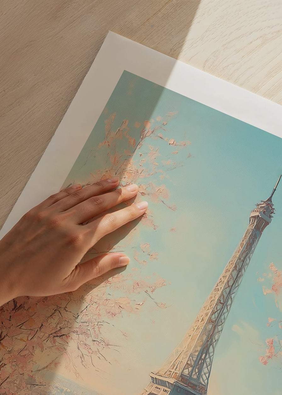 Ein Poster mit dem Eiffelturm und blühenden Kirschbäumen, das den Zauber des Frühlings in Paris einfängt-12