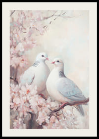 En poster med vita duvor på en blommande körsbärsgren -2
