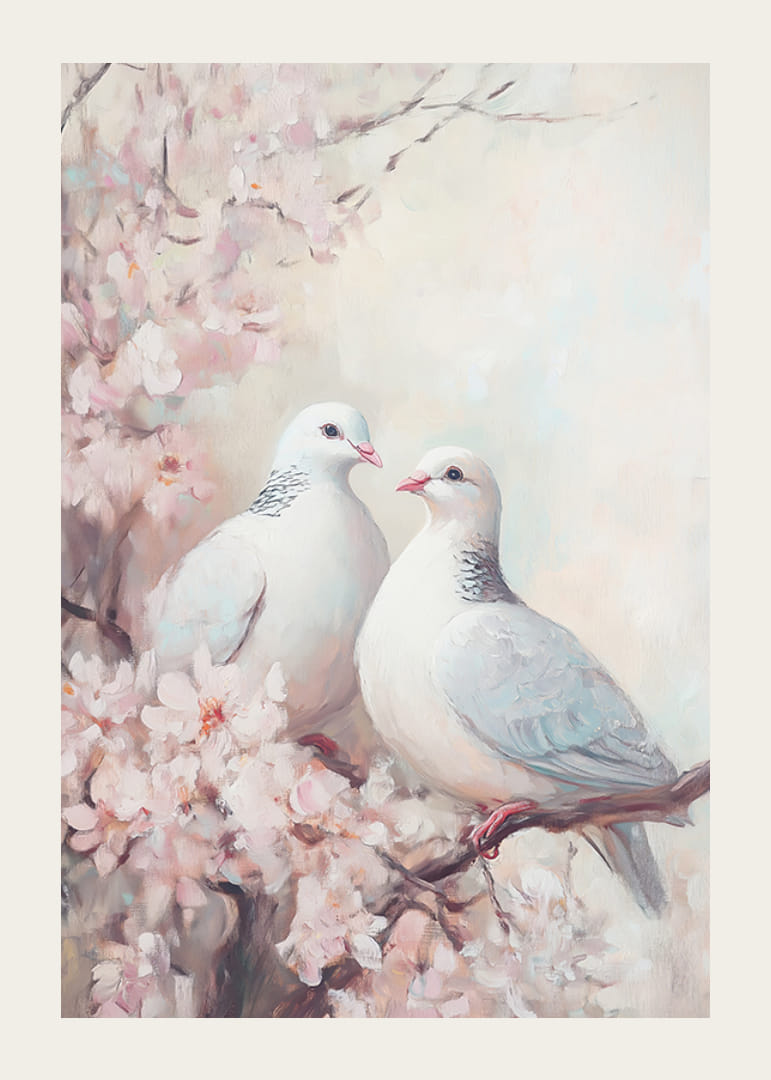 En poster med vita duvor på en blommande körsbärsgren -12