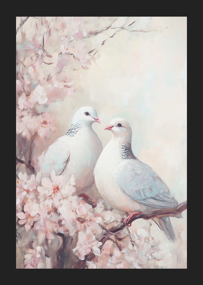 En poster med vita duvor på en blommande körsbärsgren -12