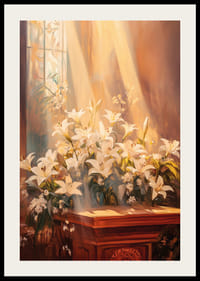 En poster med vita liljor badande i gyllene ljus-2