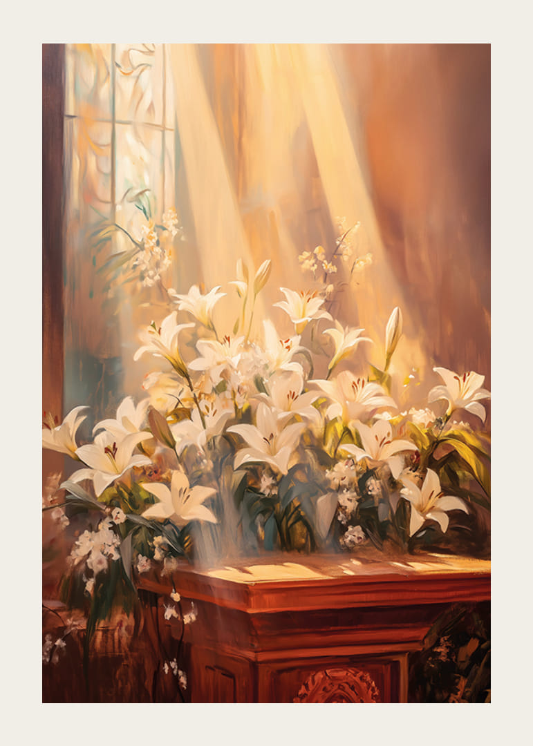 En poster med vita liljor badande i gyllene ljus-12