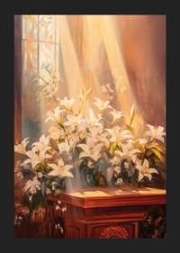 En poster med vita liljor badande i gyllene ljus-5