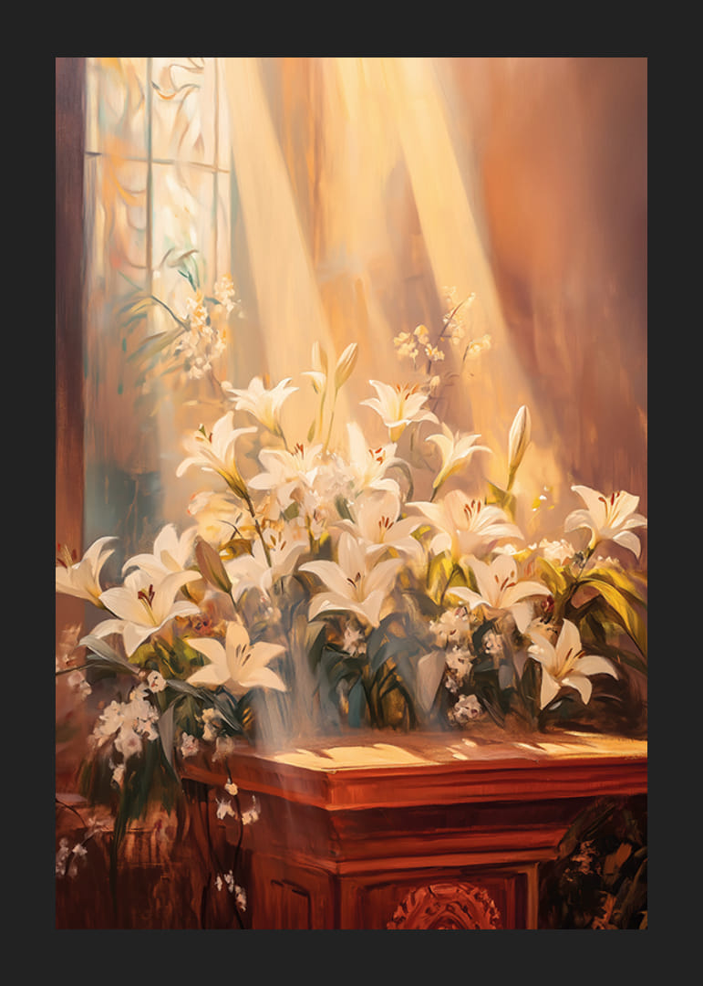 En poster med vita liljor badande i gyllene ljus-12