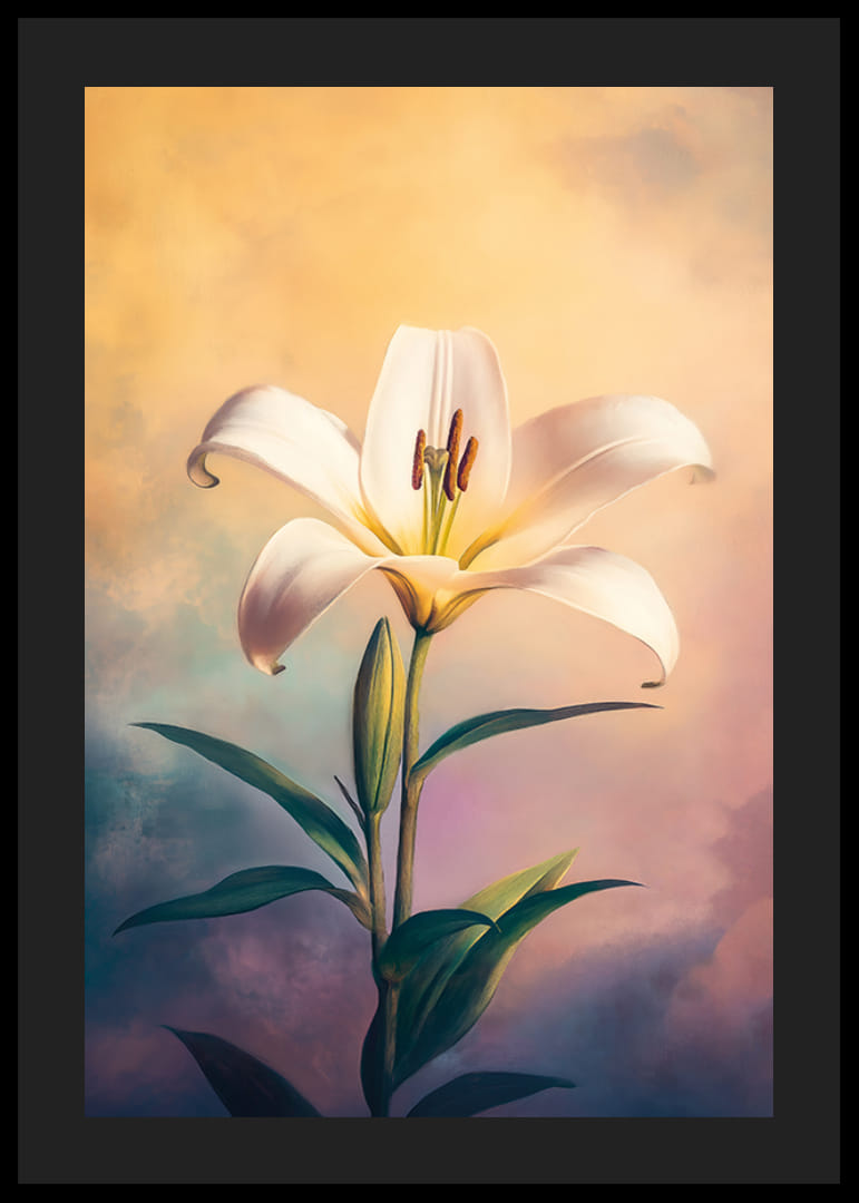 A poster with a white lily against a soft pastel background -12