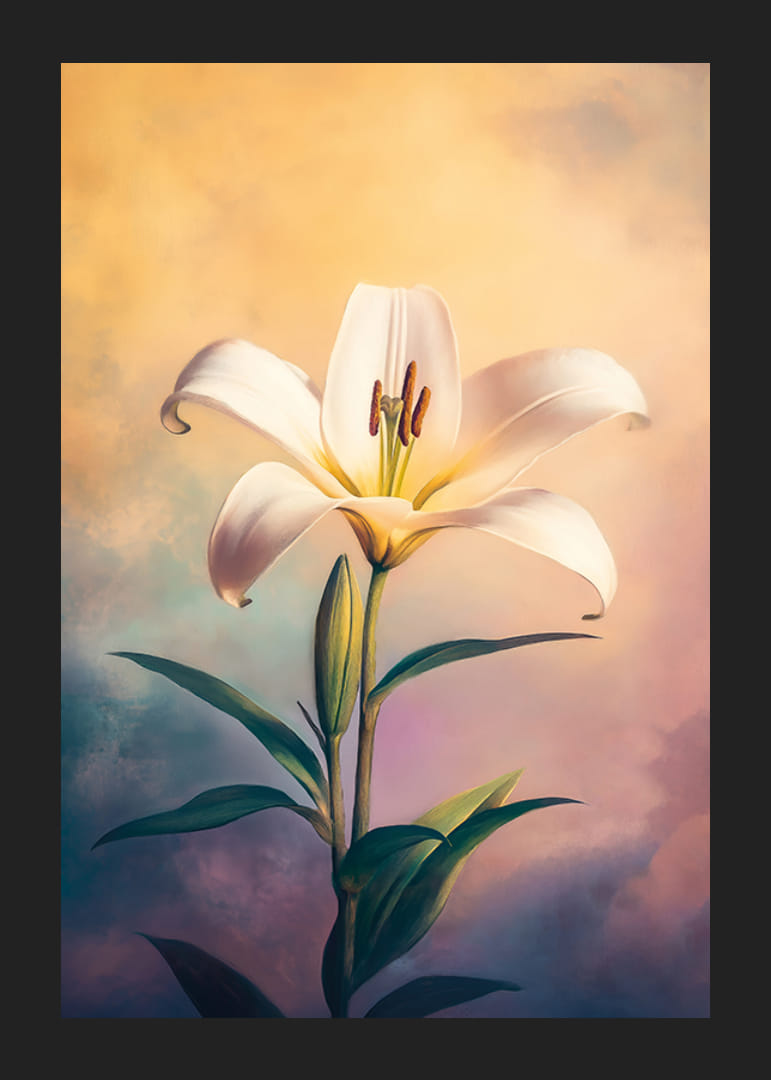 A poster with a white lily against a soft pastel background -12