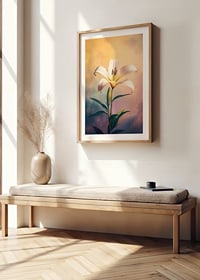 Ein Poster mit einer weißen Lilie vor einem sanften Pastellhintergrund -8