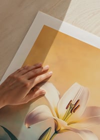 Ein Poster mit einer weißen Lilie vor einem sanften Pastellhintergrund -9