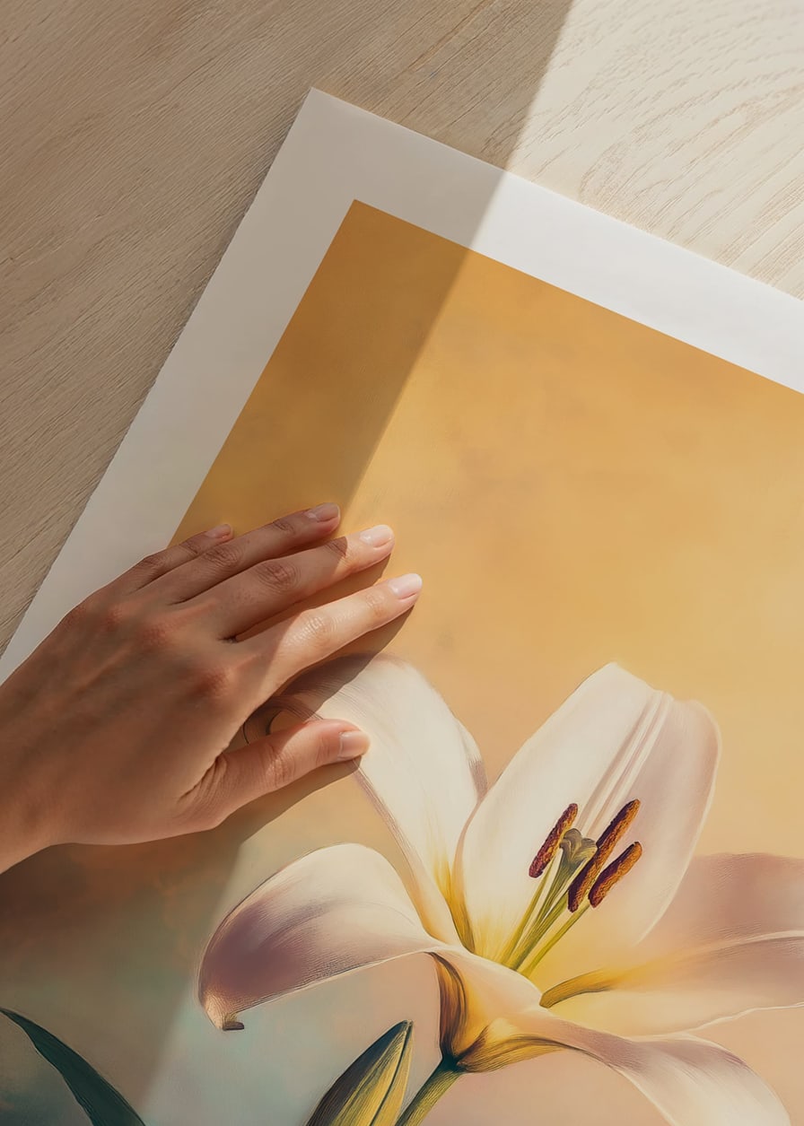 Ein Poster mit einer weißen Lilie vor einem sanften Pastellhintergrund -12