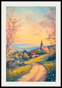En poster med en blommande landsbygd, en kyrka i solnedgång och lantlig charm-2