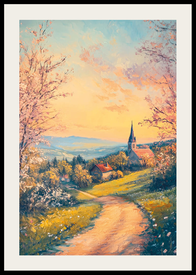 En poster med en blommande landsbygd, en kyrka i solnedgång och lantlig charm-12