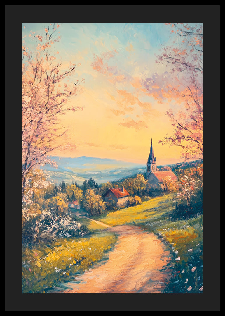 A poster with a blooming countryside, a church at sunset and rural charm-12