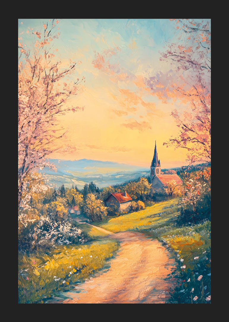 A poster with a blooming countryside, a church at sunset and rural charm-12