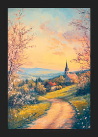 En poster med en blommande landsbygd, en kyrka i solnedgång och lantlig charm-5
