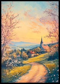 A poster with a blooming countryside, a church at sunset and rural charm-6