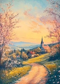 A poster with a blooming countryside, a church at sunset and rural charm-7