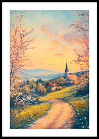 A poster with a blooming countryside, a church at sunset and rural charm-0
