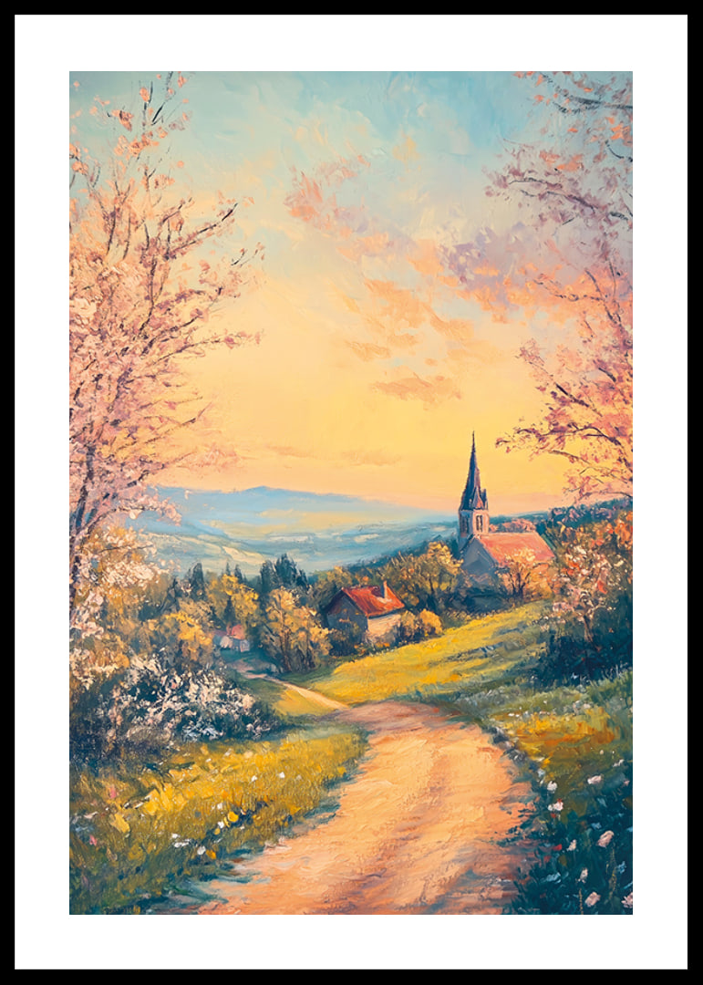 A poster with a blooming countryside, a church at sunset and rural charm-12
