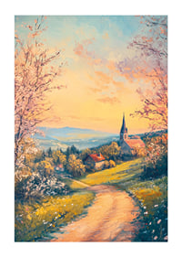 A poster with a blooming countryside, a church at sunset and rural charm-1