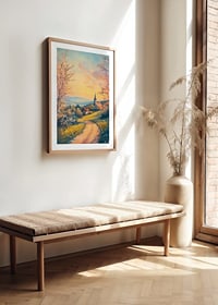A poster with a blooming countryside, a church at sunset and rural charm-8