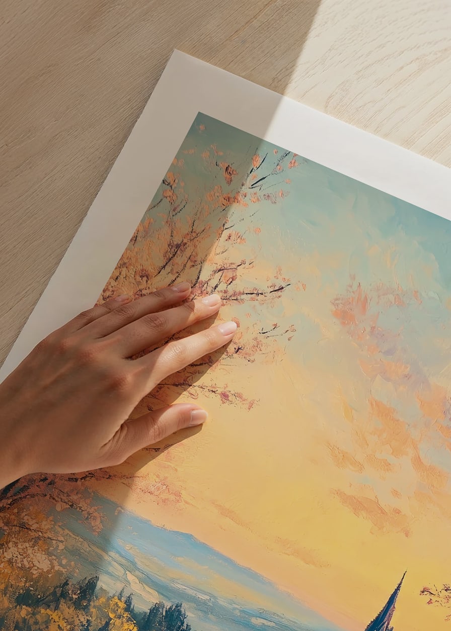 A poster with a blooming countryside, a church at sunset and rural charm-12