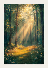 En plakat med solstråler som lyser opp en blomstrende skogsglede -3