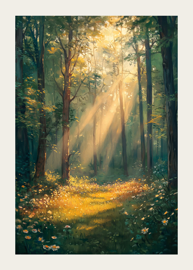 En plakat med solstråler som lyser opp en blomstrende skogsglede -12